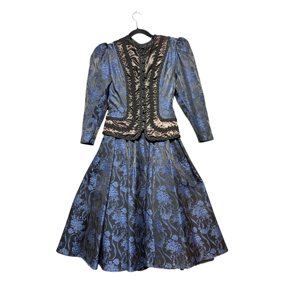 Scott McClintock Vintage Blue Black Floral Brocade Skirt Suit Set Size 4 Gothic